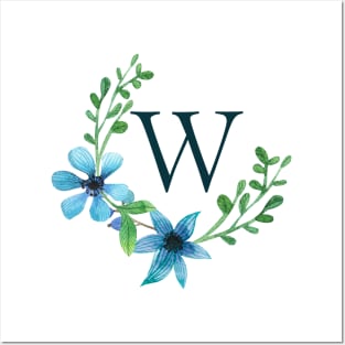 Floral Monogram W Pretty Blue Flowers Posters and Art